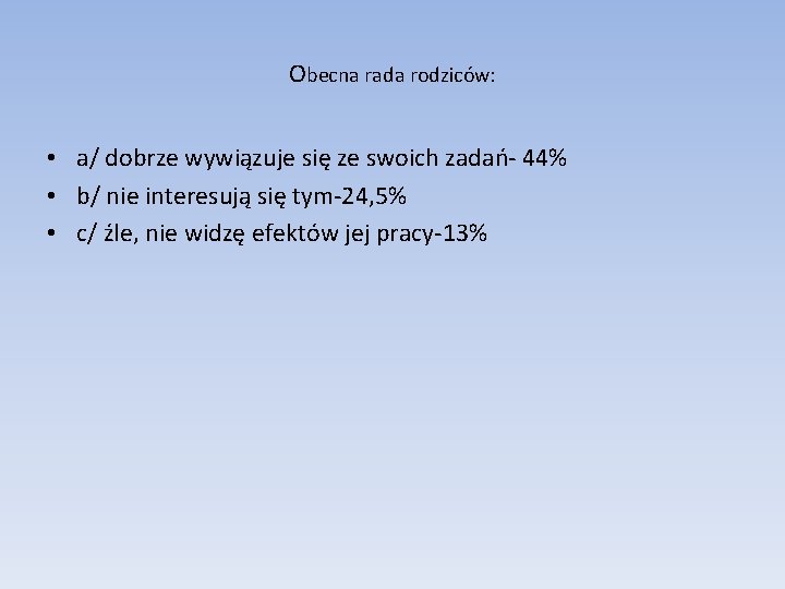  Obecna rada rodziców: • a/ dobrze wywiązuje się ze swoich zadań- 44% •