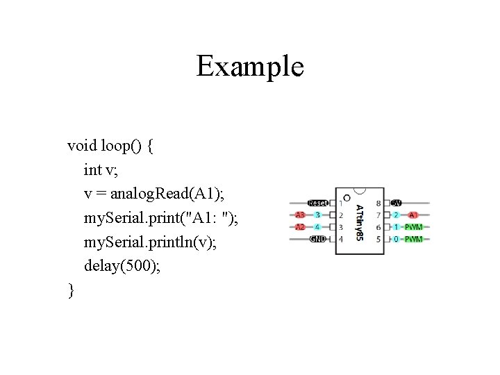 Example void loop() { int v; v = analog. Read(A 1); my. Serial. print("A