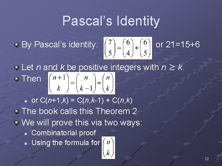 Pascal’s Identity By Pascal’s identity: or 21=15+6 Let n and k be positive integers