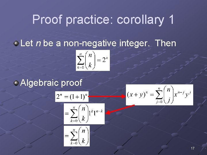 Proof practice: corollary 1 Let n be a non-negative integer. Then Algebraic proof 17