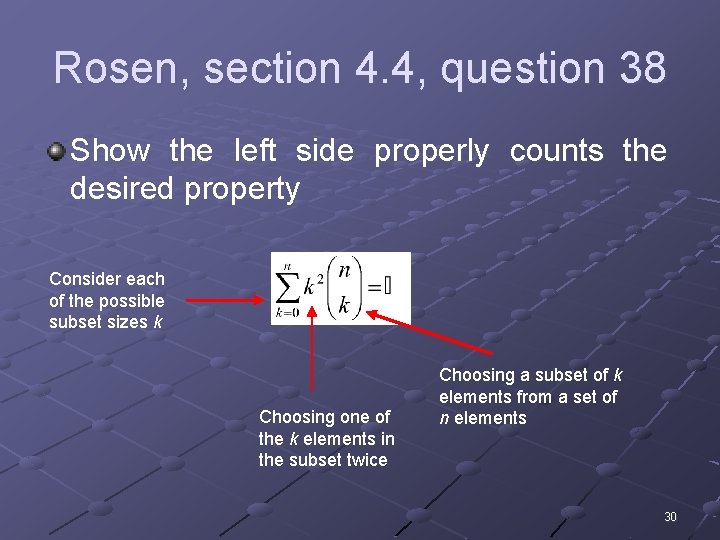 Rosen, section 4. 4, question 38 Show the left side properly counts the desired