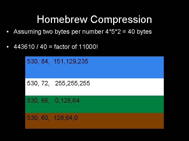 Homebrew Compression • Assuming two bytes per number 4*5*2 = 40 bytes • 443610 Homebrew Compression • Assuming two bytes per number 4*5*2 = 40 bytes • 443610
