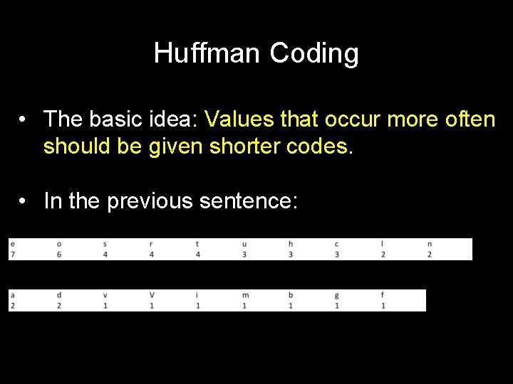 Huffman Coding • The basic idea: Values that occur more often should be given