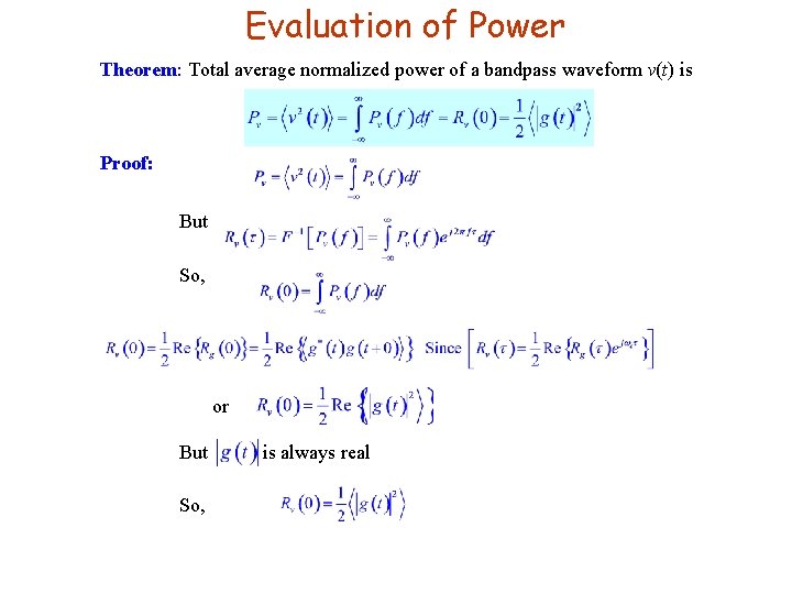 Evaluation of Power Theorem: Total average normalized power of a bandpass waveform v(t) is