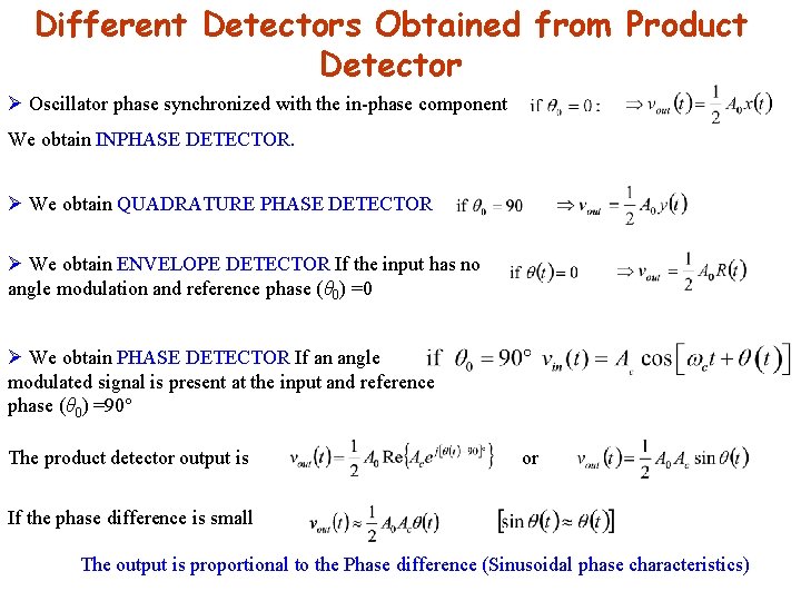 Different Detectors Obtained from Product Detector Ø Oscillator phase synchronized with the in-phase component