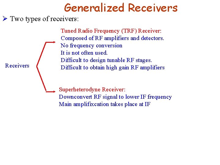 Generalized Receivers Ø Two types of receivers: Receivers Tuned Radio Frequency (TRF) Receiver: Composed