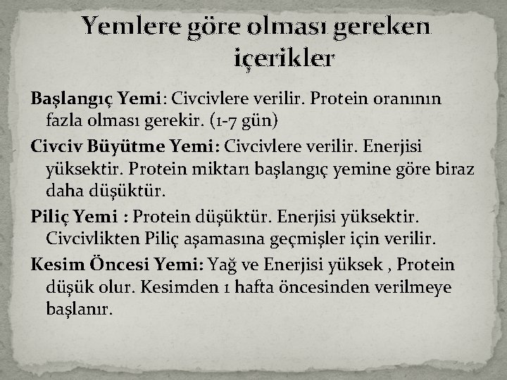 Yemlere göre olması gereken içerikler Başlangıç Yemi: Civcivlere verilir. Protein oranının fazla olması gerekir.