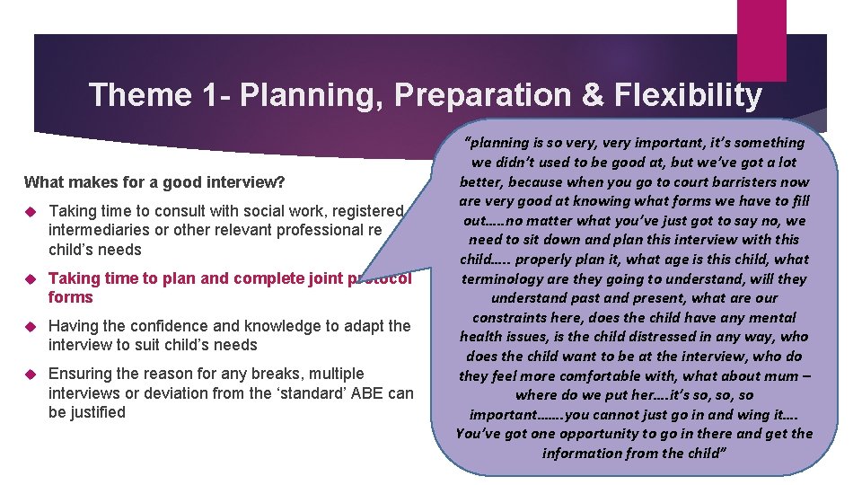 Theme 1 - Planning, Preparation & Flexibility What makes for a good interview? Taking