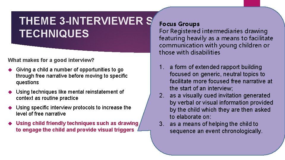 THEME 3 -INTERVIEWER SKILLS AND Focus Groups For Registered intermediaries drawing TECHNIQUES featuring heavily