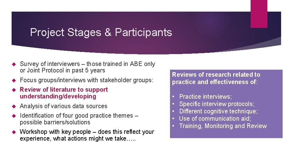 Project Stages & Participants Survey of interviewers – those trained in ABE only or