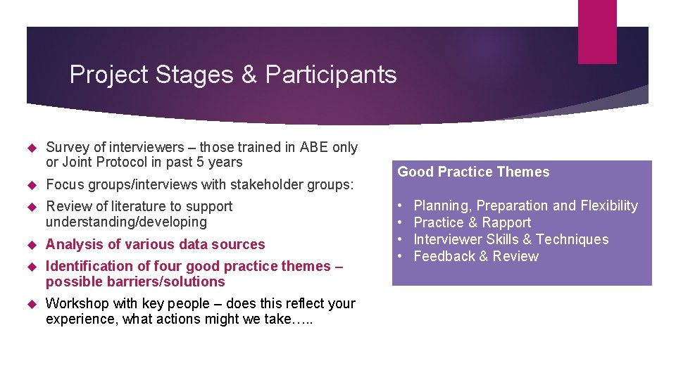 Project Stages & Participants Survey of interviewers – those trained in ABE only or