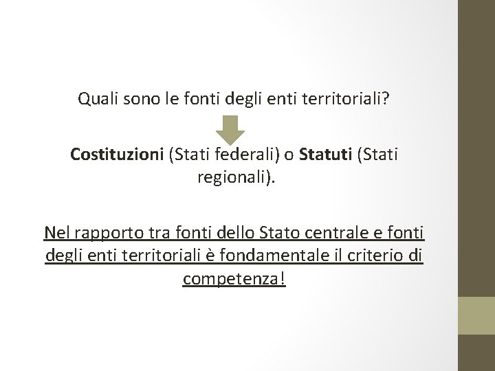 Quali sono le fonti degli enti territoriali? Costituzioni (Stati federali) o Statuti (Stati regionali).