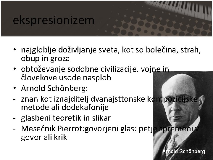 ekspresionizem • najgloblje doživljanje sveta, kot so bolečina, strah, obup in groza • obtoževanje