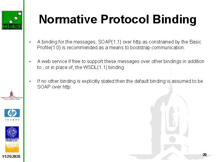 Normative Protocol Binding 11/25/2020 • A binding for the messages, SOAP(1. 1) over http