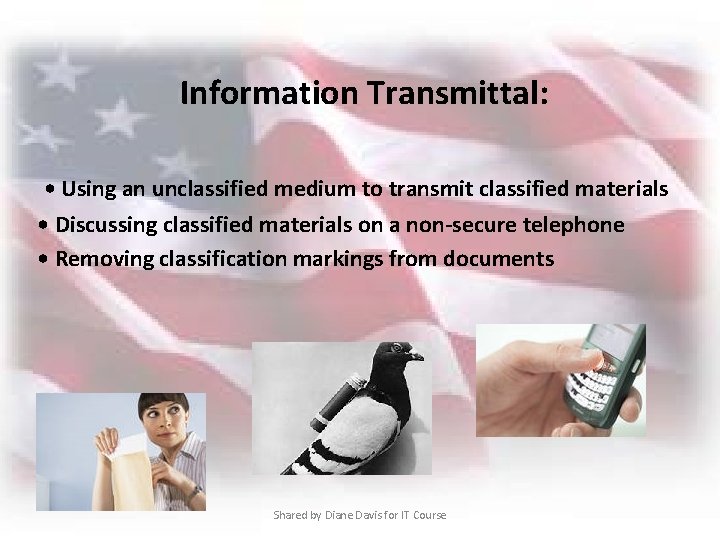  Information Transmittal: • Using an unclassified medium to transmit classified materials • Discussing