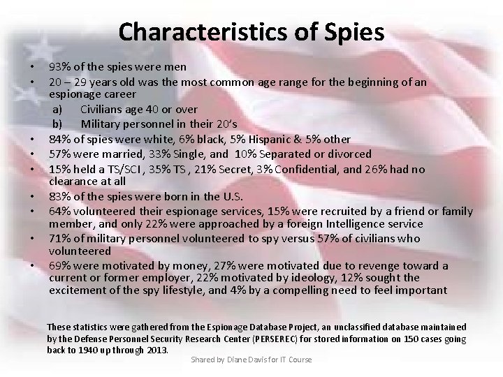 Characteristics of Spies • • • 93% of the spies were men 20 –