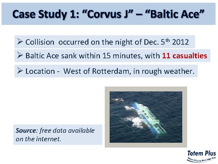 Case Study 1: “Corvus J” – “Baltic Ace” Ø Collision occurred on the night