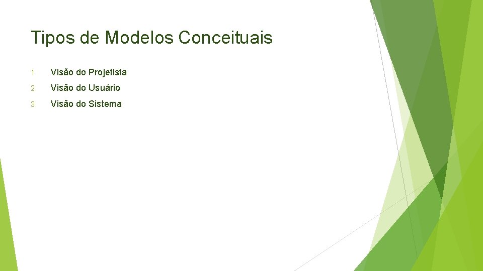 Tipos de Modelos Conceituais 1. Visão do Projetista 2. Visão do Usuário 3. Visão