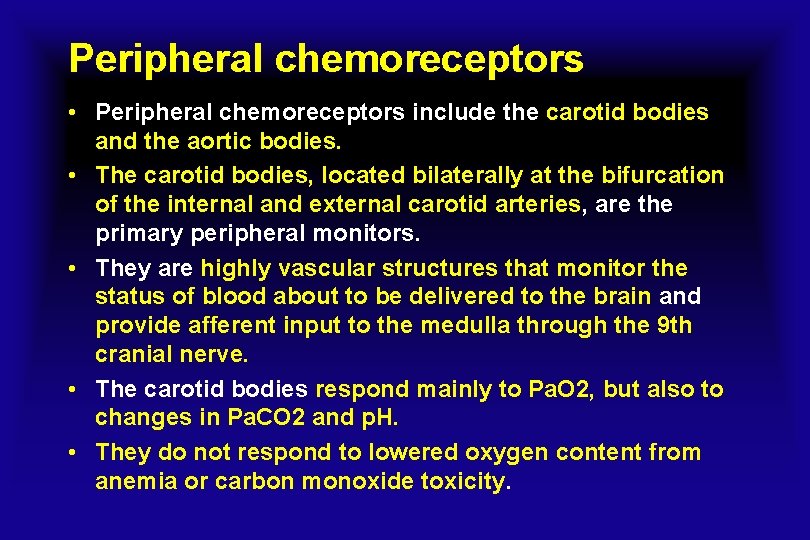 Peripheral chemoreceptors • Peripheral chemoreceptors include the carotid bodies and the aortic bodies. •