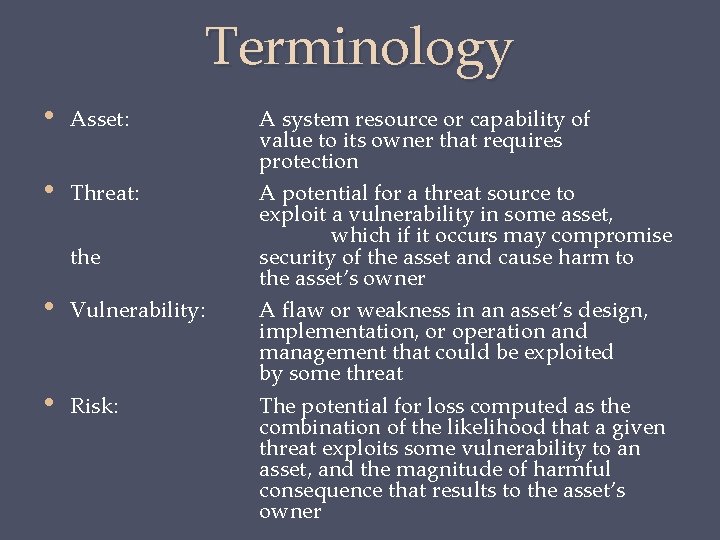 Terminology • Asset: • Threat: the • Vulnerability: • Risk: A system resource or