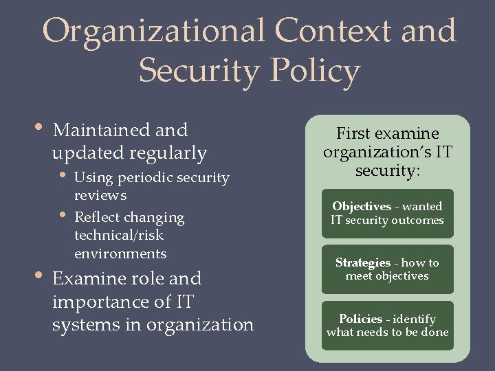 Organizational Context and Security Policy • Maintained and updated regularly • • • Using