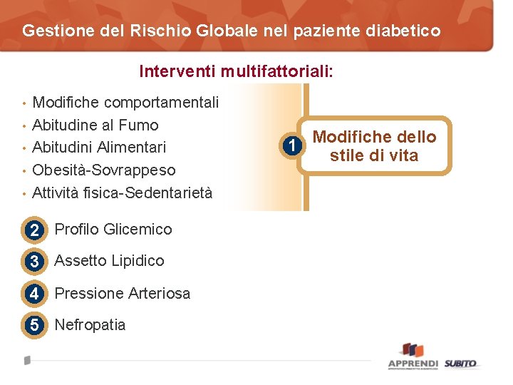 Gestione del Rischio Globale nel paziente diabetico Interventi multifattoriali: • • • Modifiche comportamentali