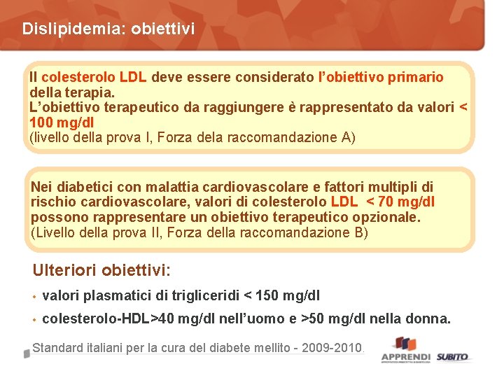 Dislipidemia: obiettivi Il colesterolo LDL deve essere considerato l’obiettivo primario della terapia. L’obiettivo terapeutico