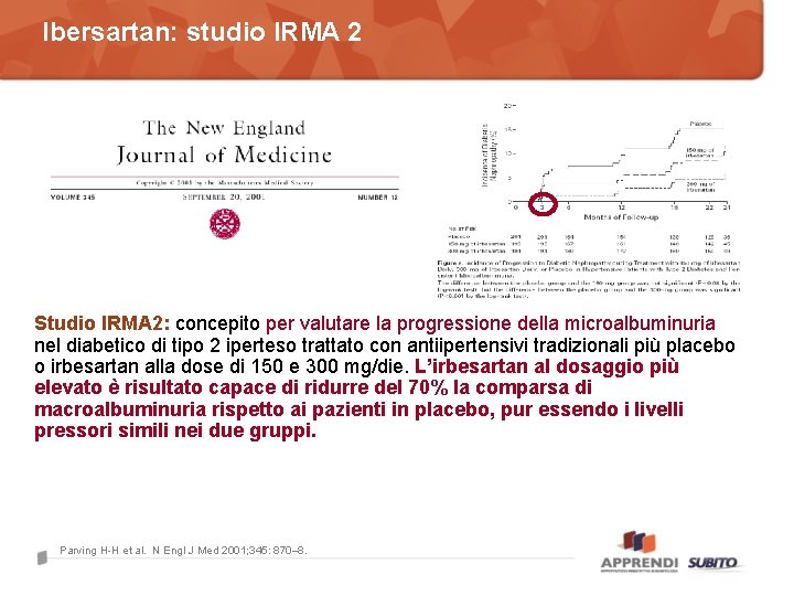 Ibersartan: studio IRMA 2 Studio IRMA 2: concepito per valutare la progressione della microalbuminuria