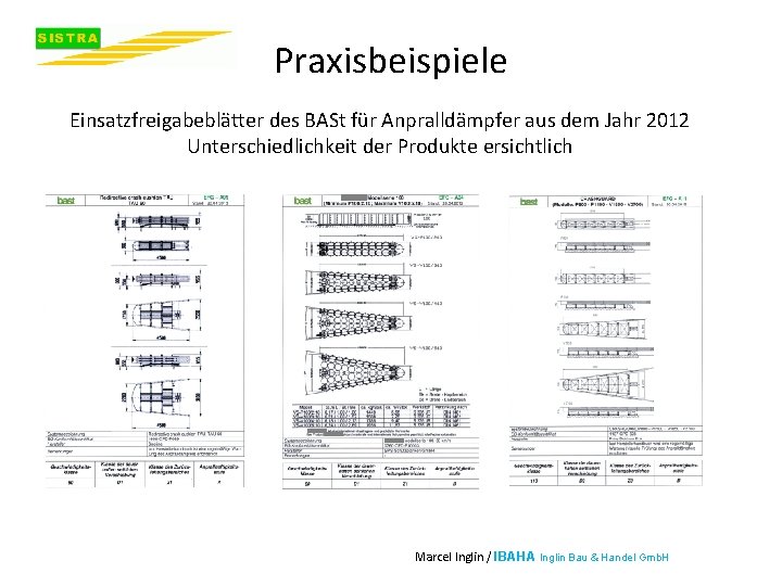 Praxisbeispiele Einsatzfreigabeblätter des BASt für Anpralldämpfer aus dem Jahr 2012 Unterschiedlichkeit der Produkte ersichtlich