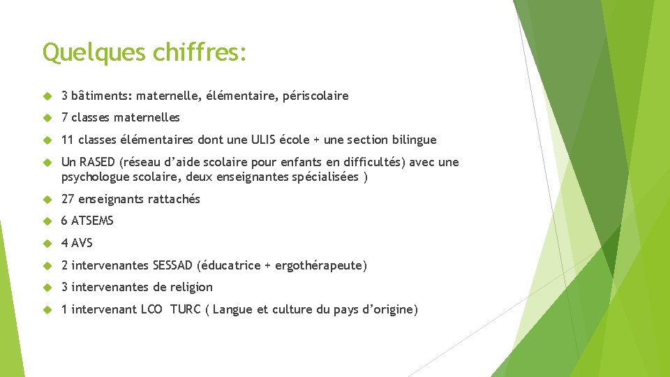 Quelques chiffres: 3 bâtiments: maternelle, élémentaire, périscolaire 7 classes maternelles 11 classes élémentaires dont