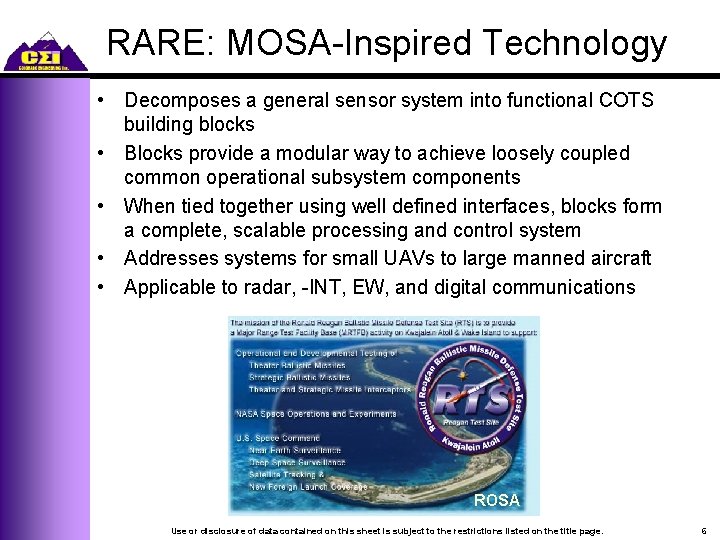 RARE: MOSA-Inspired Technology • Decomposes a general sensor system into functional COTS building blocks