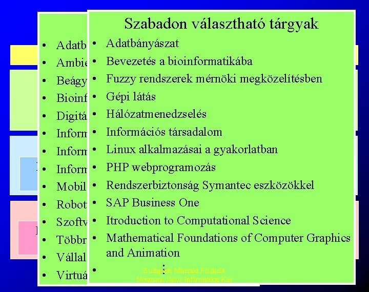 Szabadonfelépítése választható tárgyak Szakirányok Tanterv • Adatbányászat • Adatbázis Szakdolgozat • Bevezetés • Ambiens