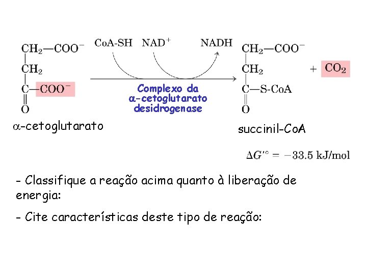 Complexo da -cetoglutarato desidrogenase -cetoglutarato succinil-Co. A - Classifique a reação acima quanto à