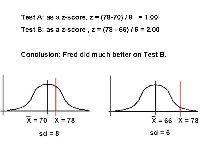 Test A: as a z-score, z = (78 -70) / 8 = 1. 00 Test A: as a z-score, z = (78 -70) / 8 = 1. 00
