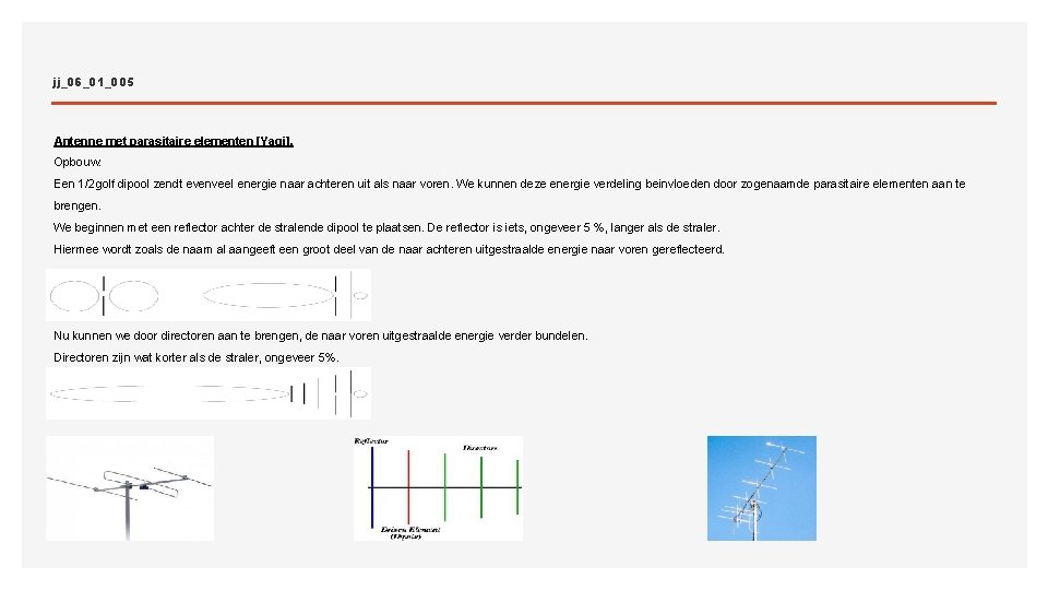 jj_06_01_005 Antenne met parasitaire elementen [Yagi]. Opbouw: Een 1/2 golf dipool zendt evenveel energie