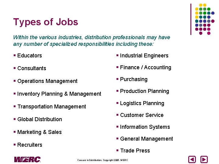 Types of Jobs Within the various industries, distribution professionals may have any number of