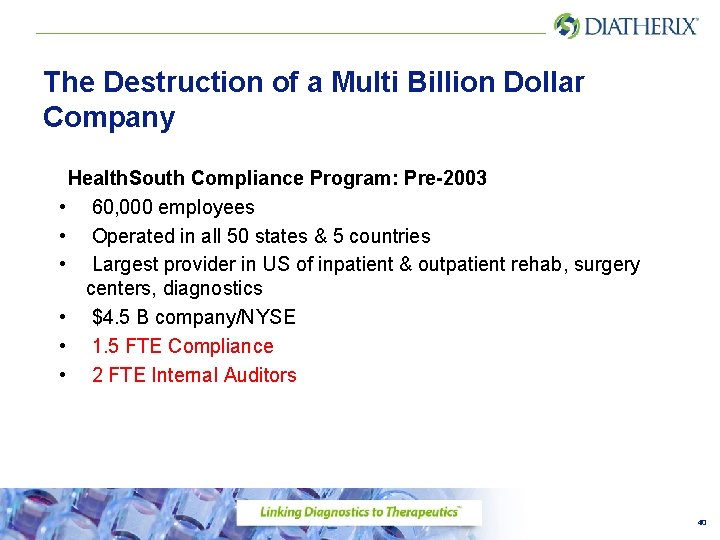 The Destruction of a Multi Billion Dollar Company Health. South Compliance Program: Pre-2003 •