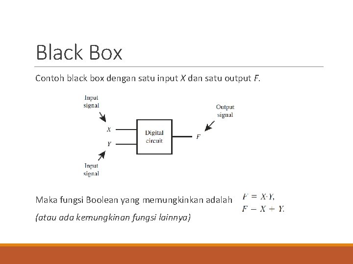 Black Box Contoh black box dengan satu input X dan satu output F. Maka