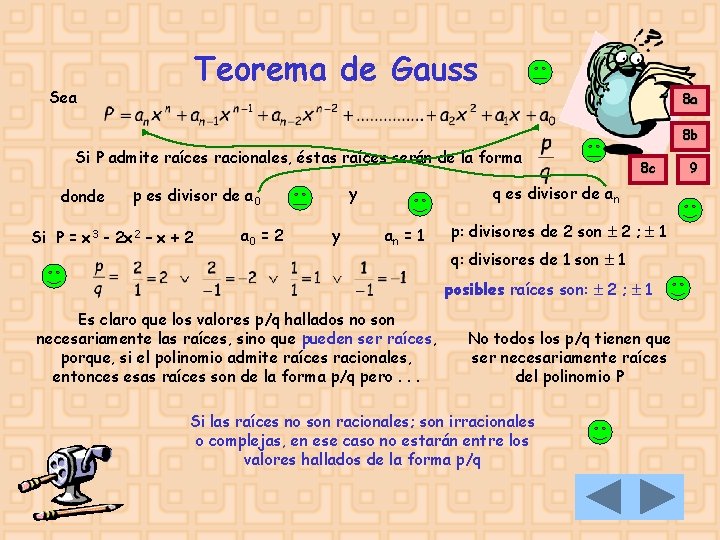 Teorema de Gauss Sea 8 a 8 b Si P admite raíces racionales, éstas