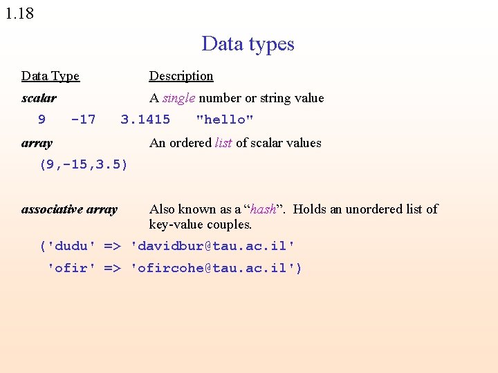 1. 18 Data types Data Type Description scalar A single number or string value