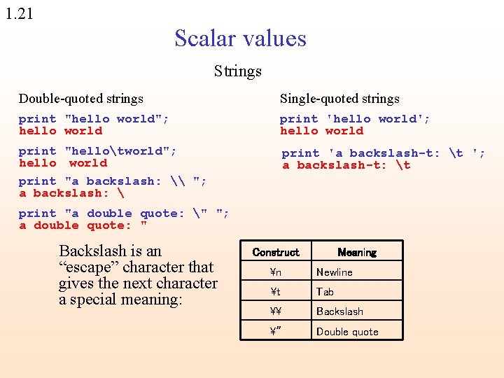 1. 21 Scalar values Strings Double-quoted strings Single-quoted strings print "hello world"; hello world