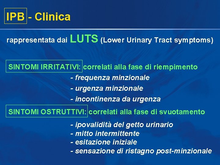 IPB - Clinica rappresentata dai LUTS (Lower Urinary Tract symptoms) SINTOMI IRRITATIVI: correlati alla IPB - Clinica rappresentata dai LUTS (Lower Urinary Tract symptoms) SINTOMI IRRITATIVI: correlati alla