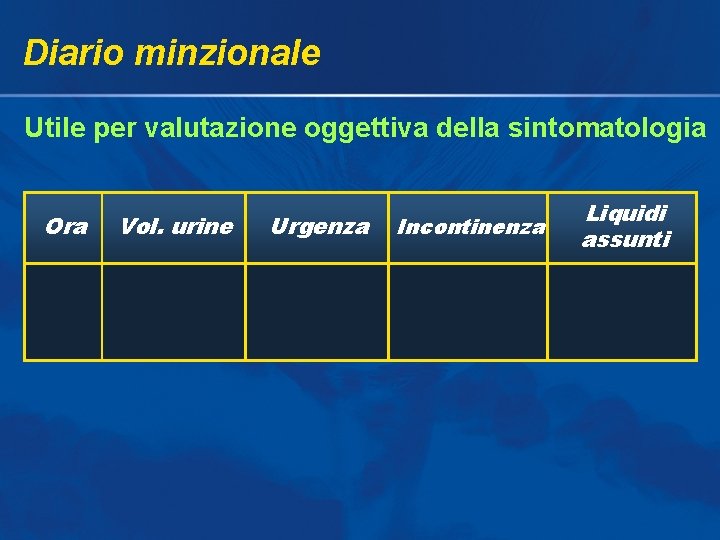 Diario minzionale Utile per valutazione oggettiva della sintomatologia Ora Vol. urine Urgenza Incontinenza Liquidi