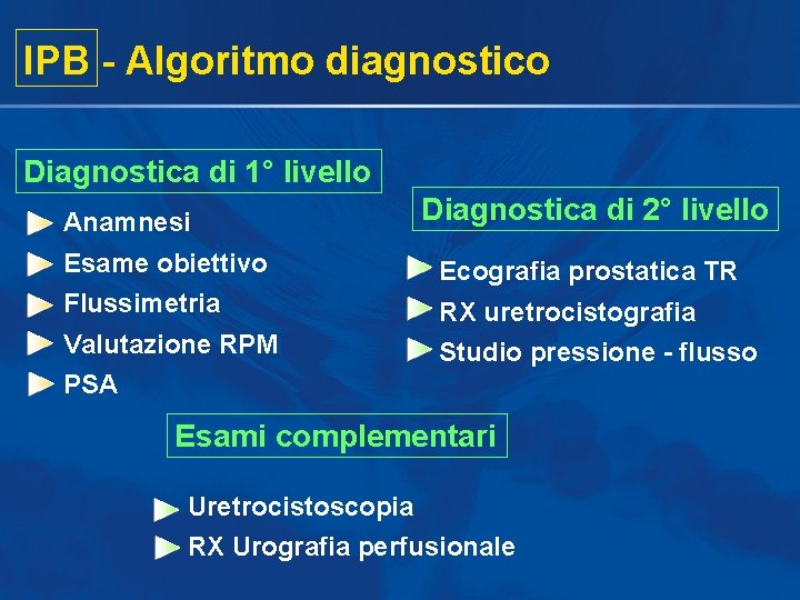 IPB - Algoritmo diagnostico Diagnostica di 1° livello Anamnesi Diagnostica di 2° livello Esame IPB - Algoritmo diagnostico Diagnostica di 1° livello Anamnesi Diagnostica di 2° livello Esame