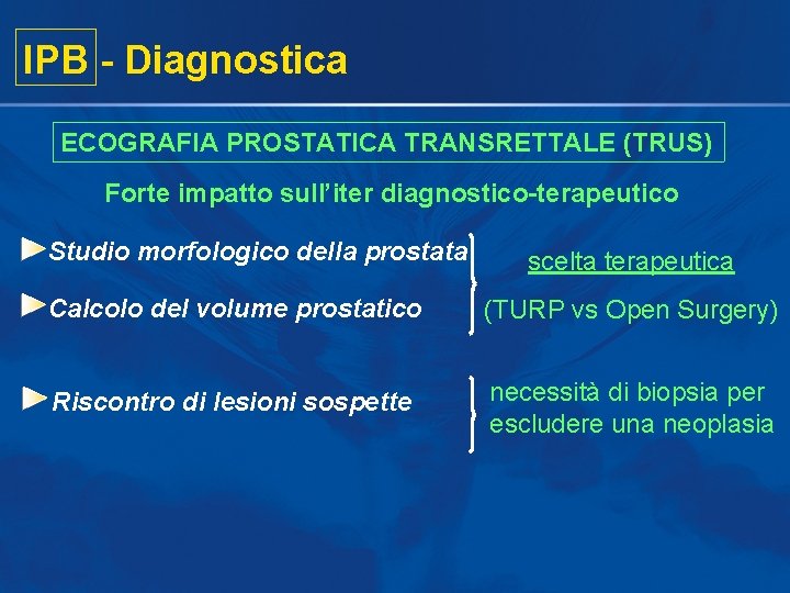 IPB - Diagnostica ECOGRAFIA PROSTATICA TRANSRETTALE (TRUS) Forte impatto sull’iter diagnostico-terapeutico Studio morfologico della IPB - Diagnostica ECOGRAFIA PROSTATICA TRANSRETTALE (TRUS) Forte impatto sull’iter diagnostico-terapeutico Studio morfologico della