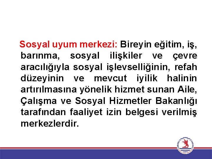 Sosyal uyum merkezi: Bireyin eğitim, iş, barınma, sosyal ilişkiler ve çevre aracılığıyla sosyal işlevselliğinin,