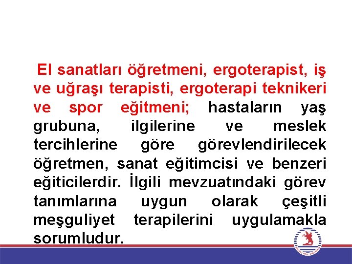 El sanatları öğretmeni, ergoterapist, iş ve uğraşı terapisti, ergoterapi teknikeri ve spor eğitmeni; hastaların