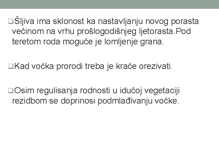 qŠljiva ima sklonost ka nastavljanju novog porasta većinom na vrhu prošlogodišnjeg ljetorasta. Pod teretom