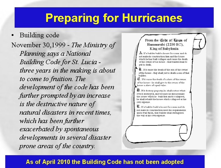 Preparing for Hurricanes • Building code November 30, 1999 - The Ministry of Planning Preparing for Hurricanes • Building code November 30, 1999 - The Ministry of Planning