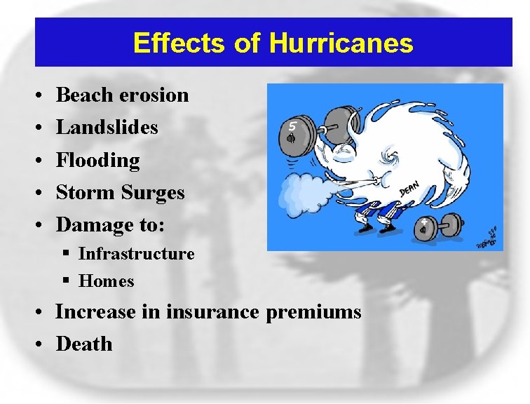 Effects of Hurricanes • • • Beach erosion Landslides Flooding Storm Surges Damage to: Effects of Hurricanes • • • Beach erosion Landslides Flooding Storm Surges Damage to: